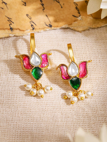 Rubans 22K Gold-Plated Handcrafted Ruby Pink, Emerald Green & White Kundan Studded Lotus Design Minimal Ear Cuff with Pearl Drop for Women Ear Cuff Earrings