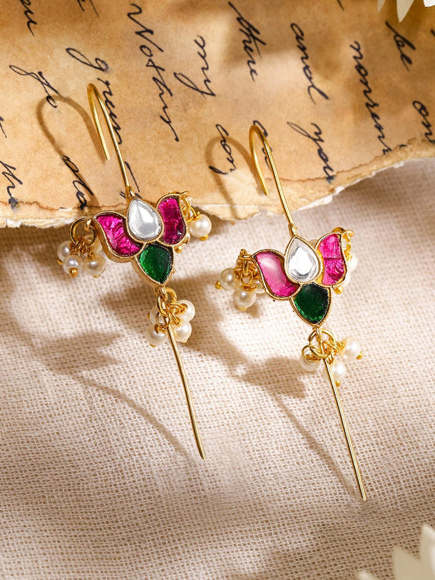 Rubans 22K Gold-Plated Handcrafted Ruby Pink, Emerald Green & White Kundan Studded Lotus Minimalist Ear Cuff with Pearl Beads for Women Ear Cuff Earrings