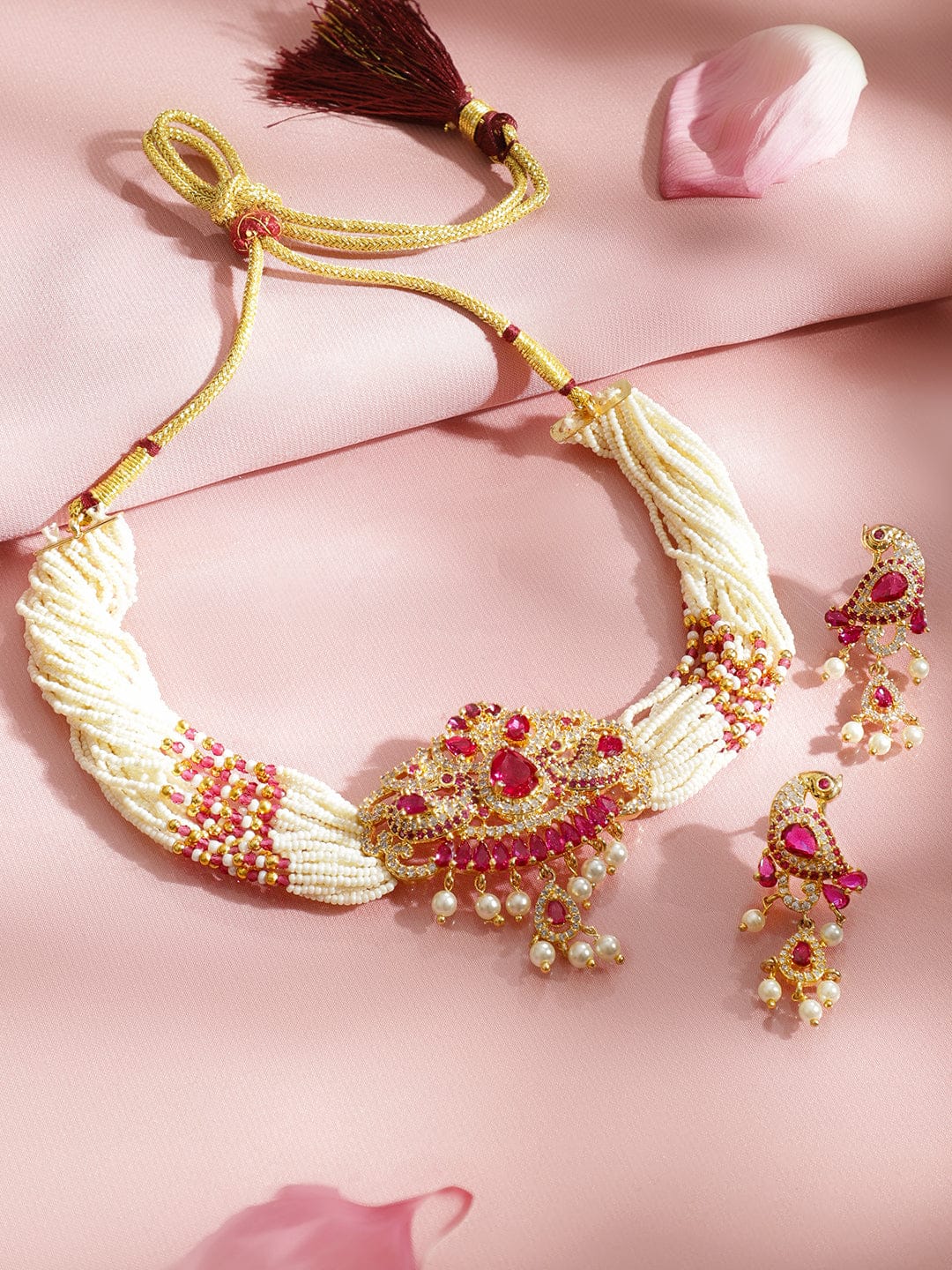 Rubans 22K Gold-Plated Handcrafted Ruby Red Stone, Cubic Zirconia & Pearl Beaded Multi-Strand Choker Set Jewellery Set