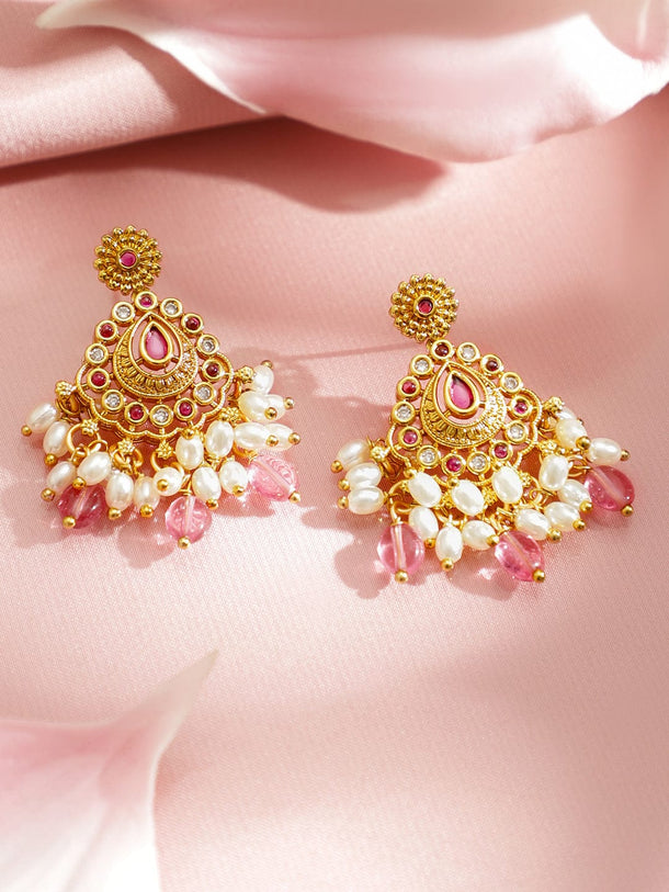 Rubans 22K Gold-Plated Handcrafted Ruby Red Stone with CZ, Pink Pearl Beads Necklace Set Jewellery Set