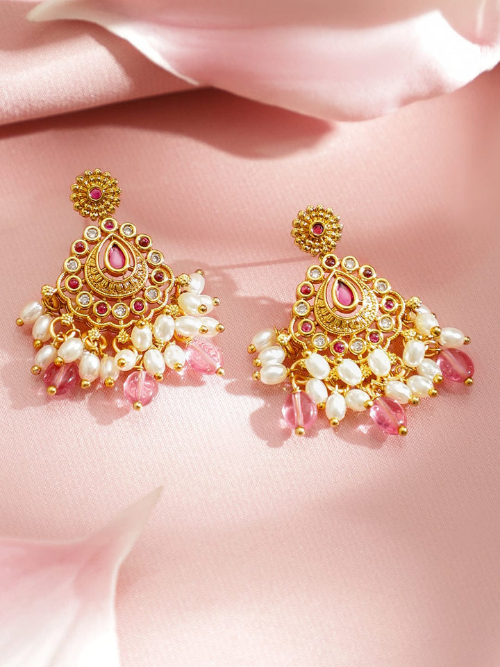 Rubans 22K Gold-Plated Handcrafted Ruby Red Stone with CZ, Pink Pearl Beads Necklace Set Jewellery Set