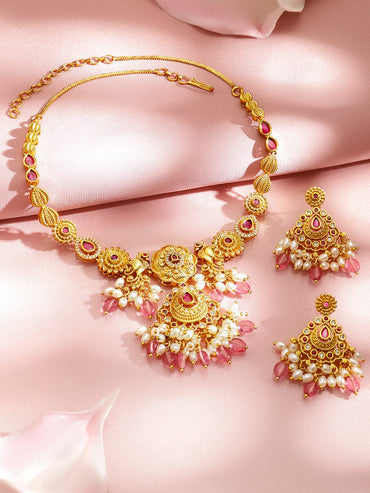 Rubans 22K Gold-Plated Handcrafted Ruby Red Stone with CZ, Pink Pearl Beads Necklace Set Jewellery Set