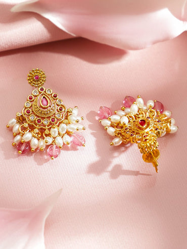 Rubans 22K Gold-Plated Handcrafted Ruby Red Stone with CZ, Pink Pearl Beads Necklace Set Jewellery Set