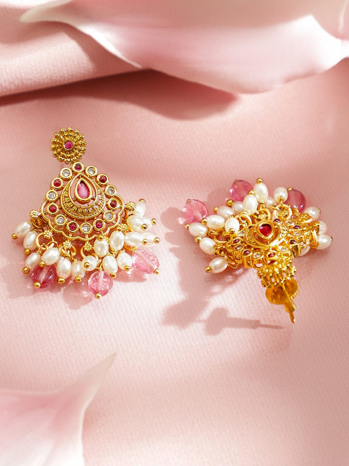 Rubans 22K Gold-Plated Handcrafted Ruby Red Stone with CZ, Pink Pearl Beads Necklace Set Jewellery Set