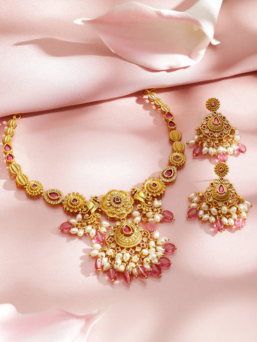 Rubans 22K Gold-Plated Handcrafted Ruby Red Stone with CZ, Pink Pearl Beads Necklace Set Necklace Set