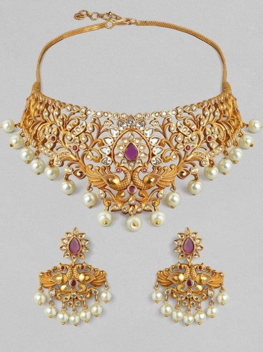 Intricate Engraved Choker 22k Gold Necklace Set – Andaaz Jewelers