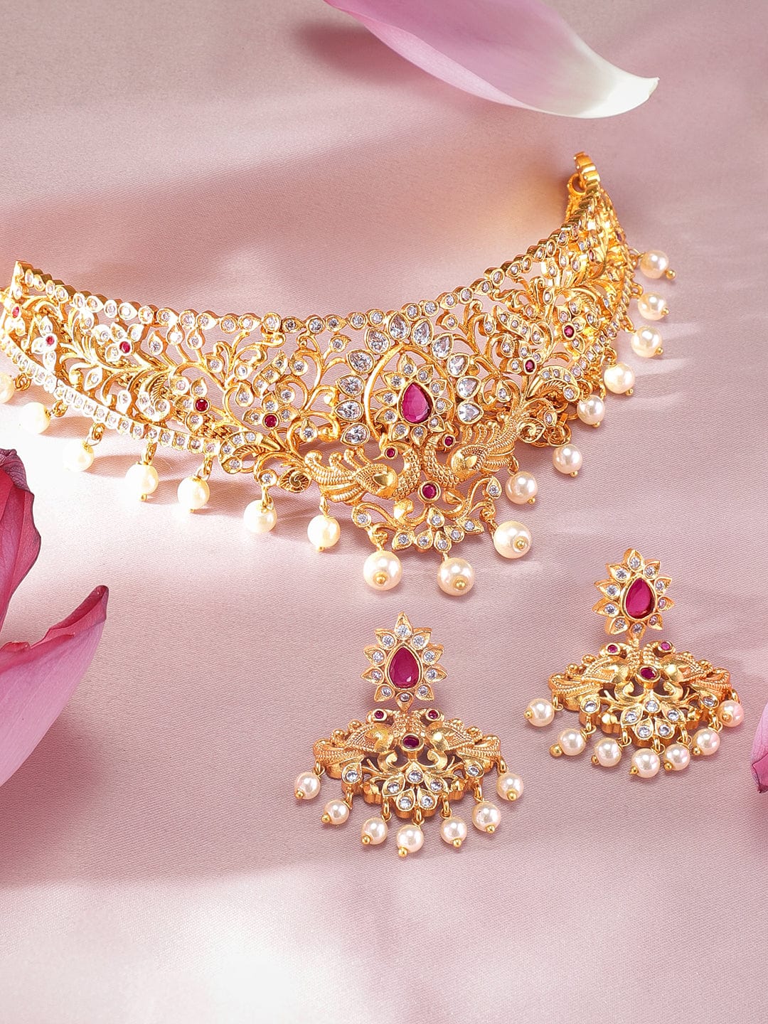 Shop Rubans 24K Gold Plated Handcrafted Ruby Stone Temple Choker Set Online  at Rubans