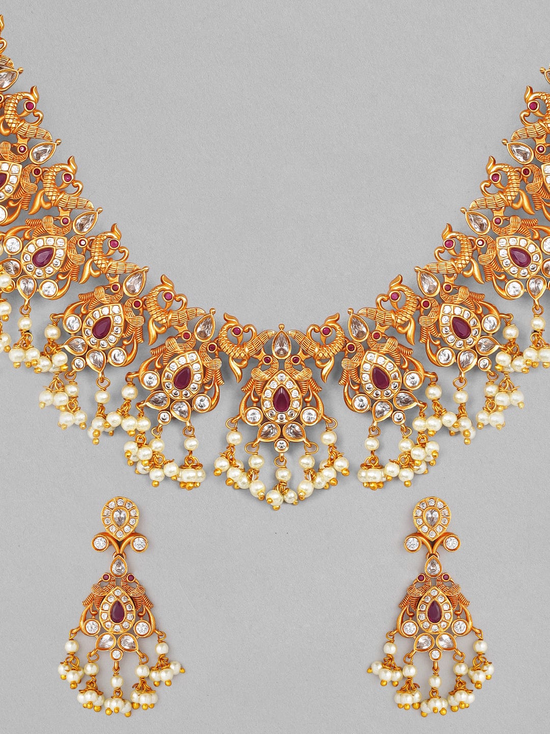 Rubans 22K Gold Plated Handcrafted Ruby Stone with Pearls Traditional Necklace Set Necklace Set