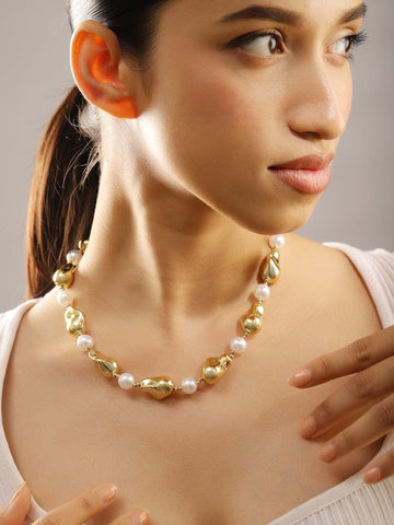 Rubans 22K Gold Plated Handcrafted Sculptural Necklace with White Pearls & Golden Accents Necklace and Chains