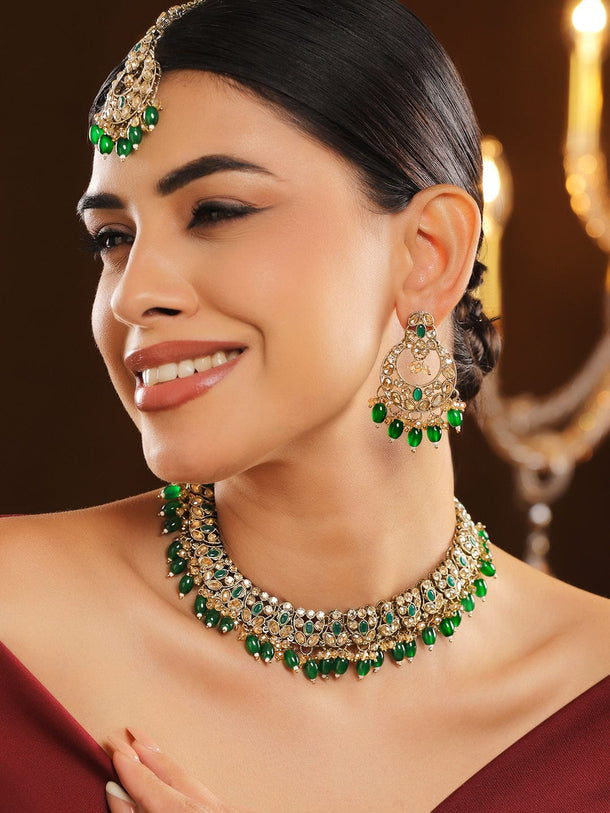 Rubans 22K Gold-Plated Handcrafted White & Green Kundan Studded Necklace Set with Green Drop Beads & Off-White Pearl Beads Necklace Sets