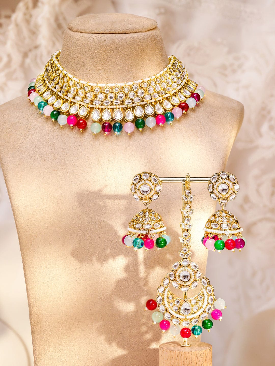 Rubans 22K Gold-Plated Handcrafted White Kundan & Cubic Zirconia Studded Double Layer Necklace Set with Multi-Colored Beads Jewellery Set