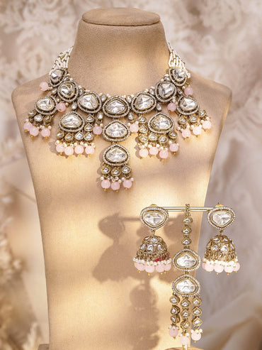 Rubans 22K Gold-Plated Handcrafted White Kundan & Cubic Zirconia Studded Necklace Set with Pastel Pink Pearl Beads Jewellery Set