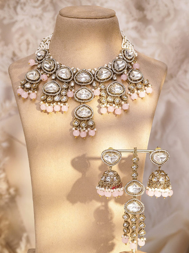 Rubans 22K Gold-Plated Handcrafted White Kundan & Cubic Zirconia Studded Necklace Set with Pastel Pink Pearl Beads Jewellery Set