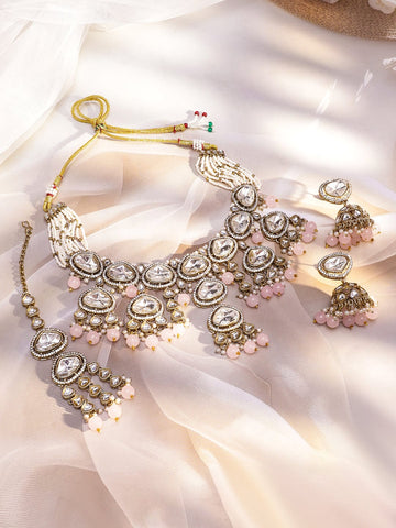 Rubans 22K Gold-Plated Handcrafted White Kundan & Cubic Zirconia Studded Necklace Set with Pastel Pink Pearl Beads Jewellery Set