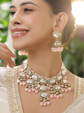 Rubans 22K Gold-Plated Handcrafted White Kundan & Cubic Zirconia Studded Necklace Set with Pastel Pink Pearl Beads Necklace Sets