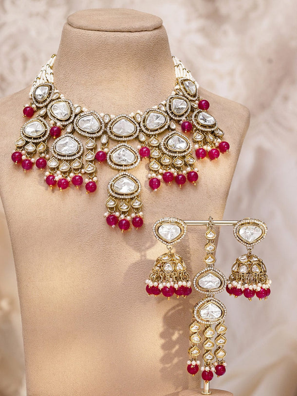 Rubans 22K Gold-Plated Handcrafted White Kundan & Cubic Zirconia Studded Necklace Set with Ruby Red Pearl Beads Jewellery Set