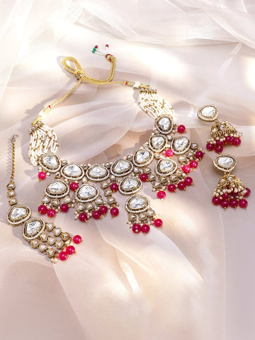 Rubans 22K Gold-Plated Handcrafted White Kundan & Cubic Zirconia Studded Necklace Set with Ruby Red Pearl Beads Jewellery Set