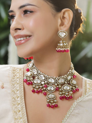 Rubans 22K Gold-Plated Handcrafted White Kundan & Cubic Zirconia Studded Necklace Set with Ruby Red Pearl Beads Necklace Sets
