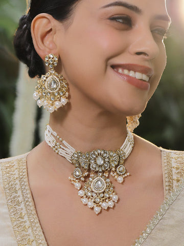 Rubans 22K Gold-Plated Handcrafted White Kundan Floral Choker Set with White Multi-Strand Pearls Beads Necklace Sets