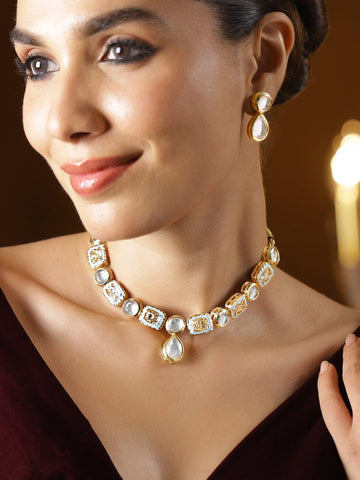 Rubans 22K Gold-Plated Handcrafted White Kundan Luxe Choker Necklace Set with Pastel Blue Enamel Detailing Necklace set