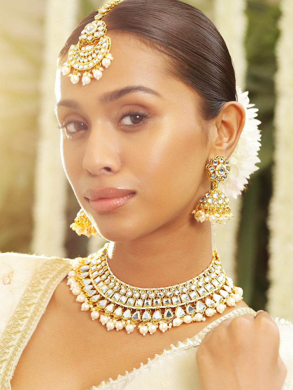 Rubans 22K Gold Plated Handcrafted White Kundan & Pearl Bridal Choker Jewelry Set Jewellery Set