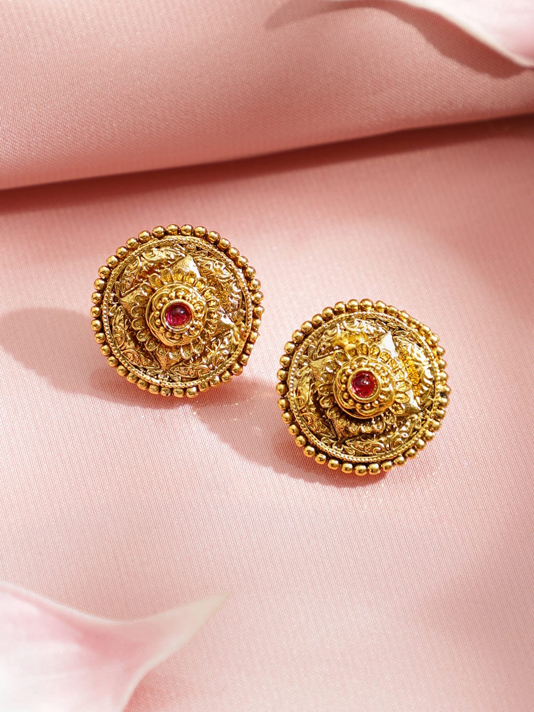 Rubans 22K Gold-Plated Heritage Round Pendant Necklace Set with Ruby Pink Stone & Earrings Jewellery Set