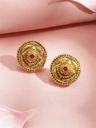 Rubans 22K Gold-Plated Heritage Round Pendant Necklace Set with Ruby Pink Stone & Earrings Jewellery Set