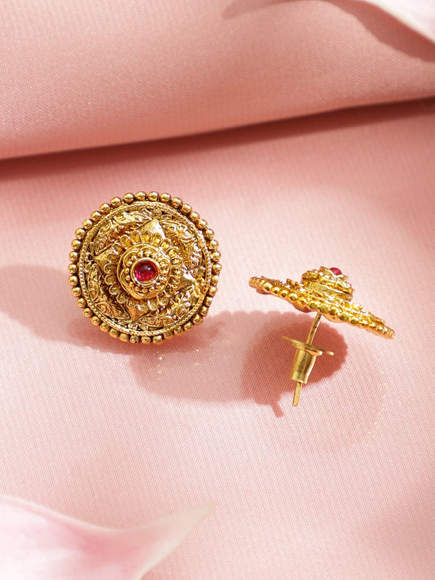 Rubans 22K Gold-Plated Heritage Round Pendant Necklace Set with Ruby Pink Stone & Earrings Jewellery Set