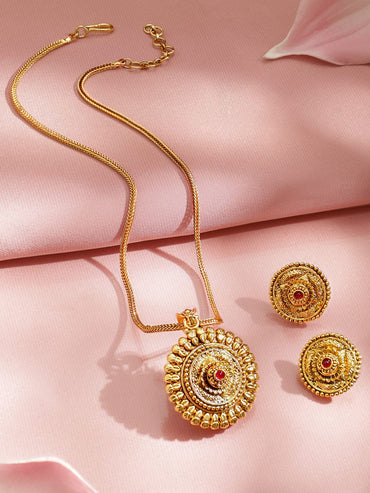 Rubans 22K Gold-Plated Heritage Round Pendant Necklace Set with Ruby Pink Stone & Earrings Jewellery Set