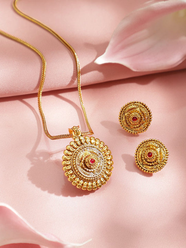 Rubans 22K Gold-Plated Heritage Round Pendant Necklace Set with Ruby Pink Stone & Earrings Necklaces, Necklace Sets, Chains & Mangalsutra