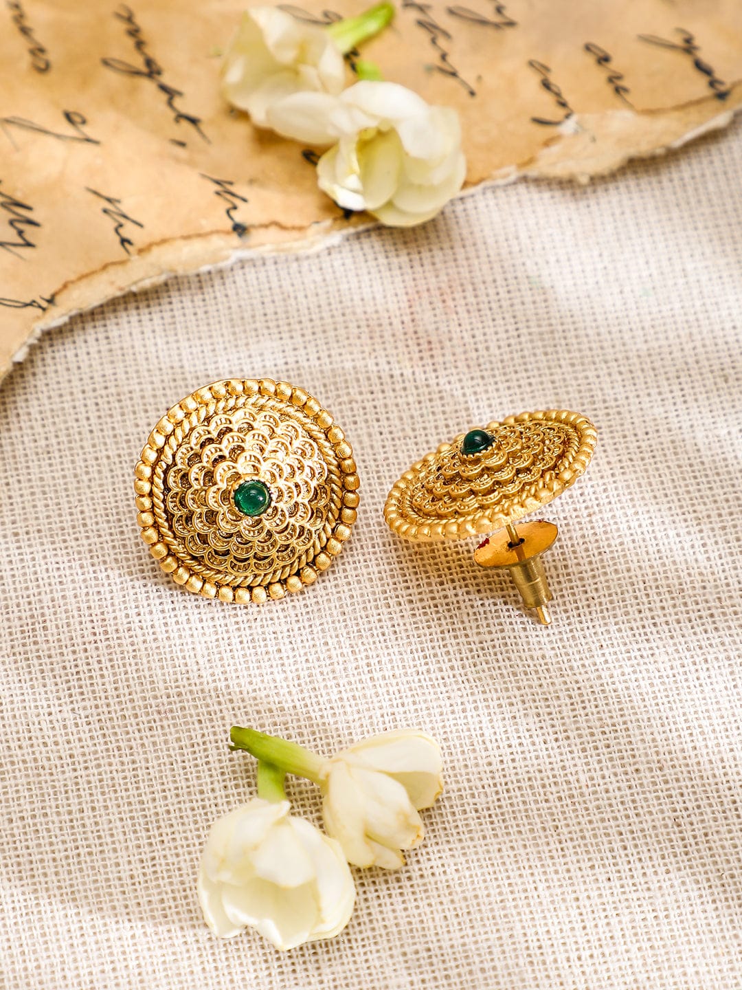 Rubans 22K Gold-Plated Intricate Green Stone and Golden beaded Traditional Jewellery Set Jewellery Set