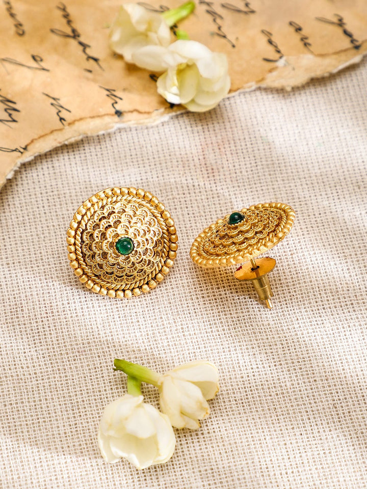 Rubans 22K Gold-Plated Intricate Green Stone and Golden beaded Traditional Jewellery Set Jewellery Set