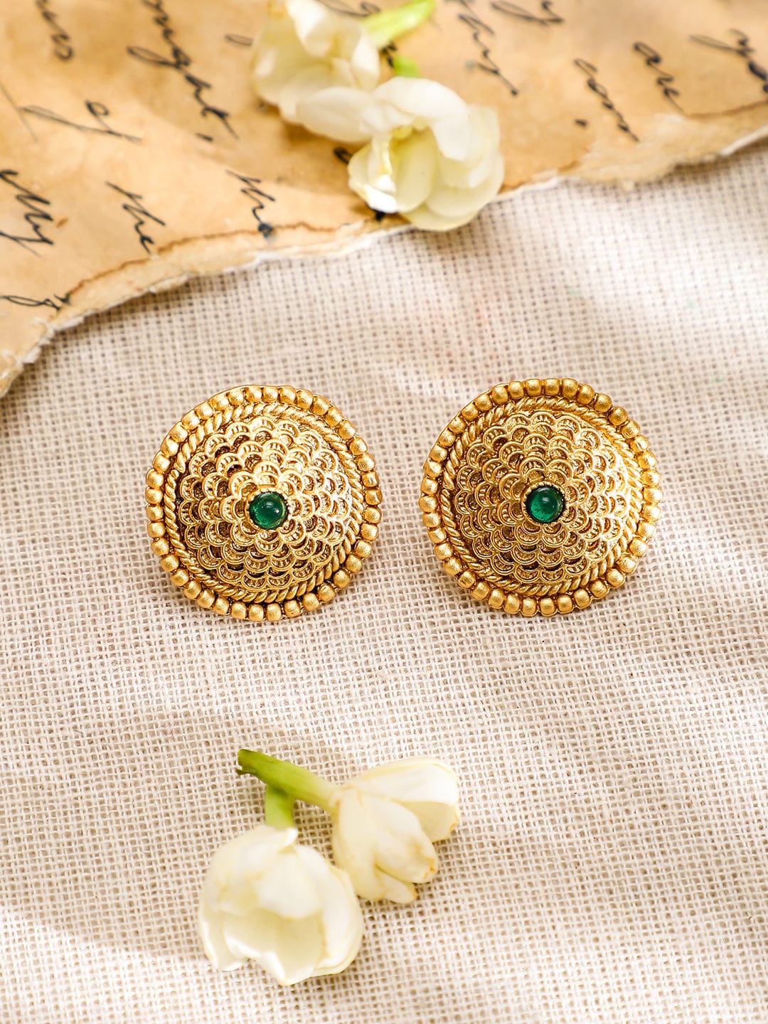 Rubans 22K Gold-Plated Intricate Green Stone and Golden beaded Traditional Jewellery Set Jewellery Set