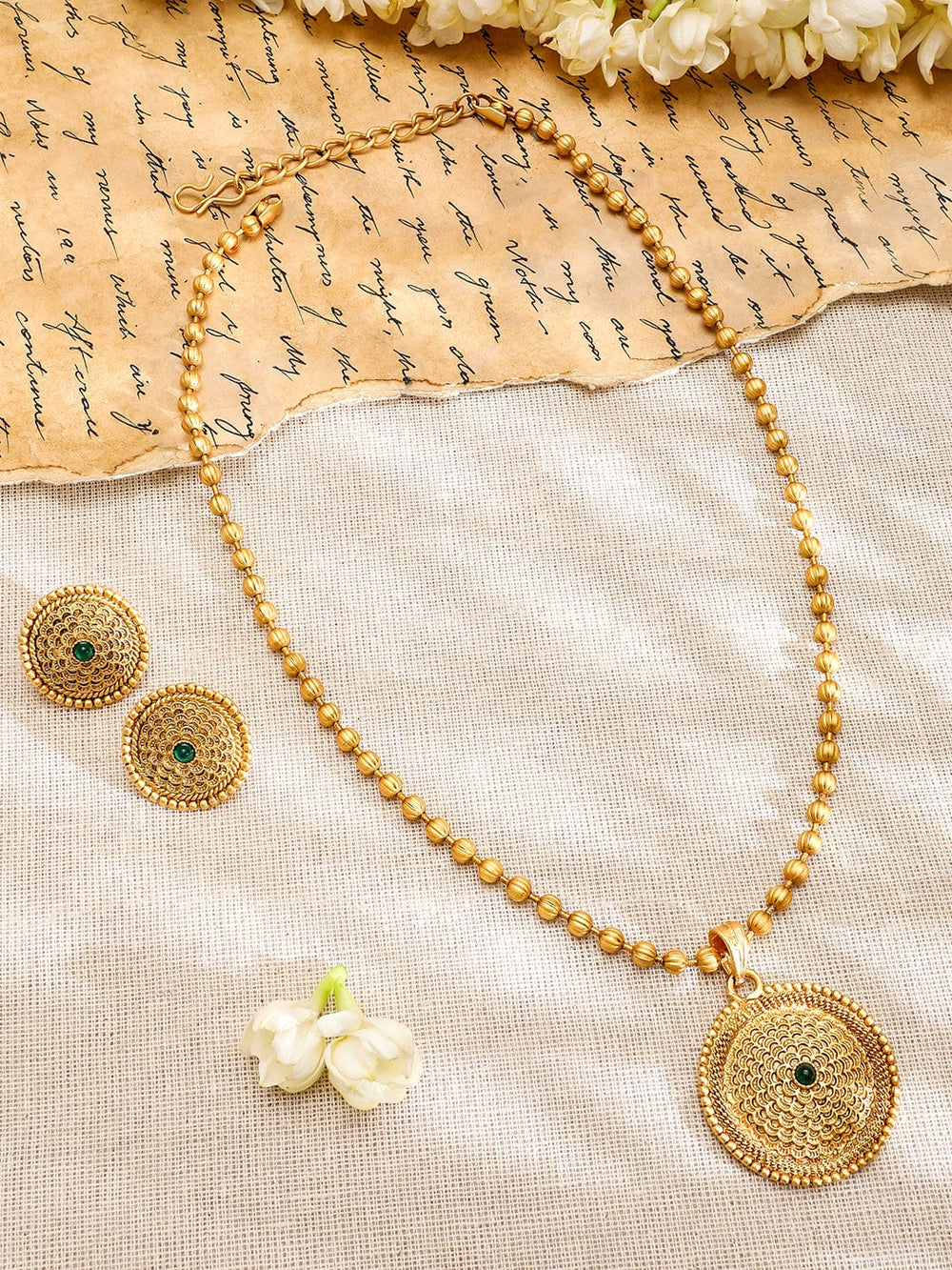 Rubans 22K Gold-Plated Intricate Green Stone and Golden beaded Traditional Jewellery Set Jewellery Set