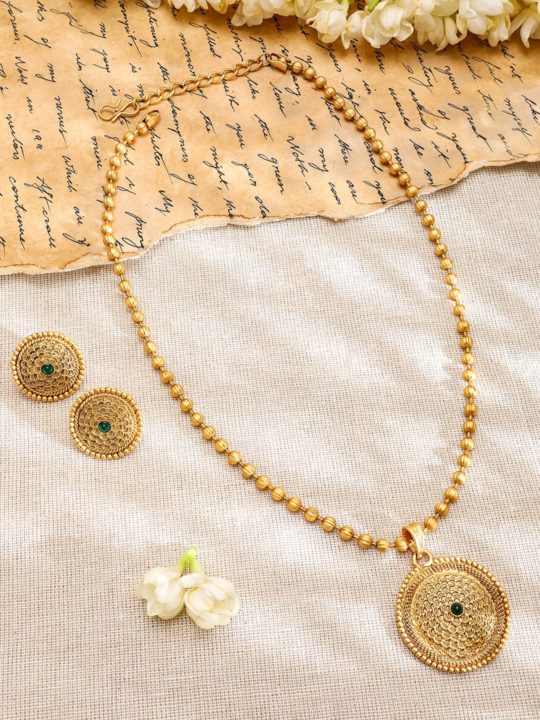 Rubans 22K Gold-Plated Intricate Green Stone and Golden beaded Traditional Jewellery Set Jewellery Set