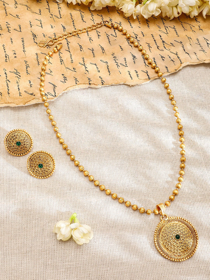 Rubans 22K Gold-Plated Intricate Green Stone and Golden beaded Traditional Jewellery Set Jewellery Set