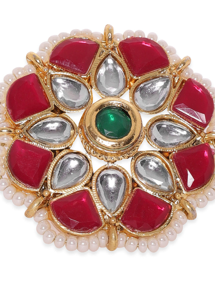 Rubans 22K Gold plated Kemp & Kundan studded pearl beaded fLoral motif ring Rings