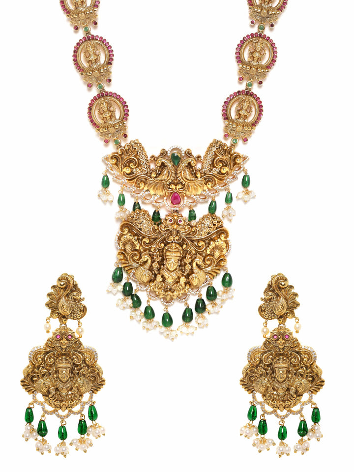 Rubans 22K Gold plated Kemp Red & Green Stone, Handcrafted Pearl beaded Temple Necklace Set Jewellery Sets