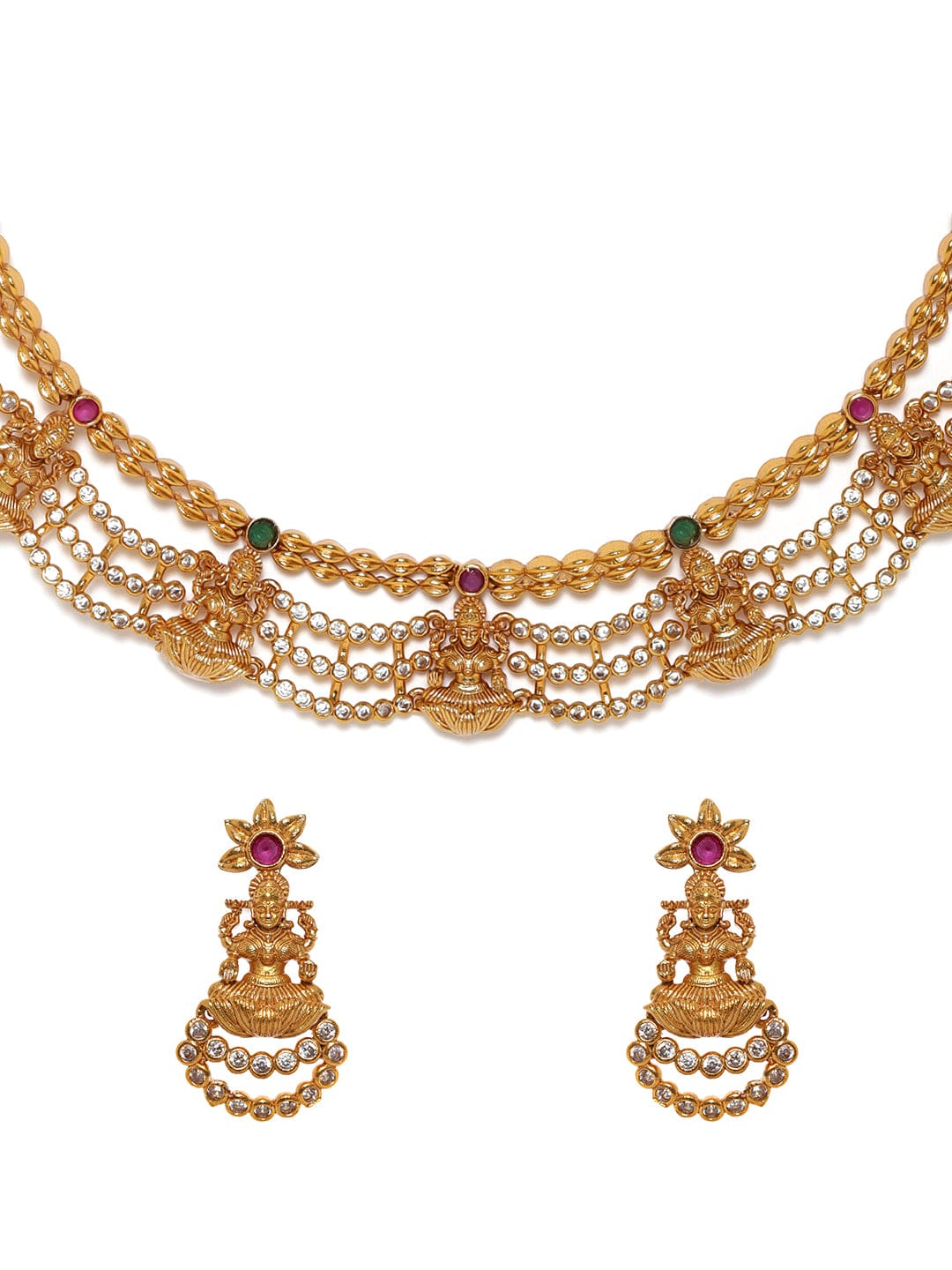 Rubans 22K Gold Plated Kemp Red & Zirconia Crystal Studded Handcrafted Temple Necklace Set Jewellery Sets