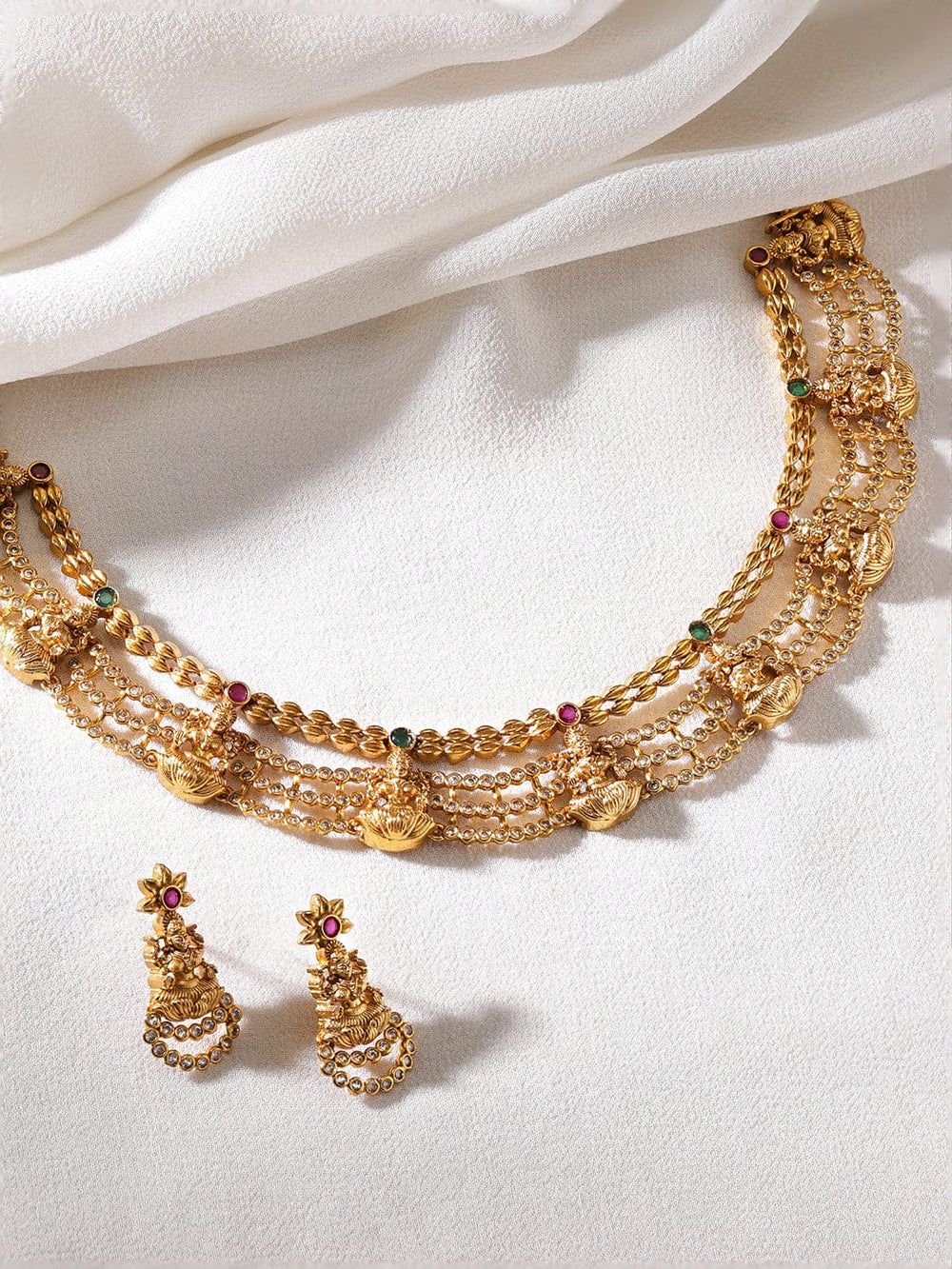 Rubans 22K Gold Plated Kemp Red & Zirconia Crystal Studded Handcrafted Temple Necklace Set Jewellery Sets
