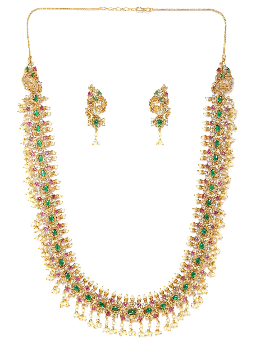 Rubans 22K Gold-Plated Kemp & Zirconia Crystal Studded Handcrafted Pearl Beaded Necklace Set Jewellery Sets