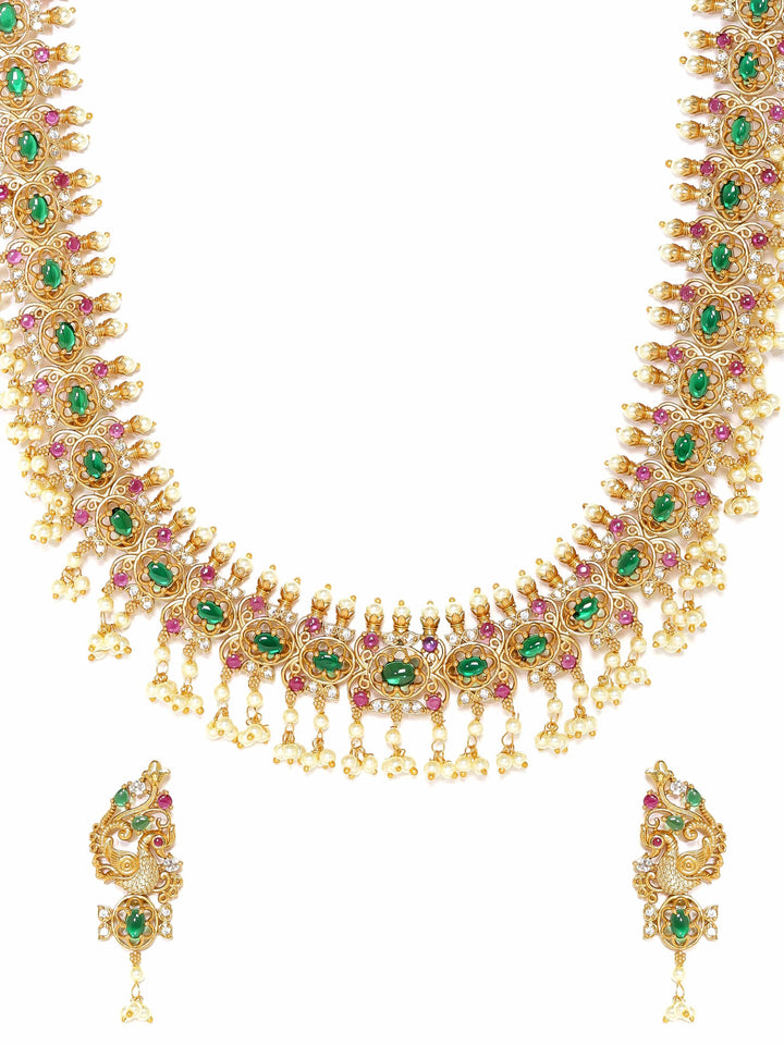 Rubans 22K Gold-Plated Kemp & Zirconia Crystal Studded Handcrafted Pearl Beaded Necklace Set Jewellery Sets