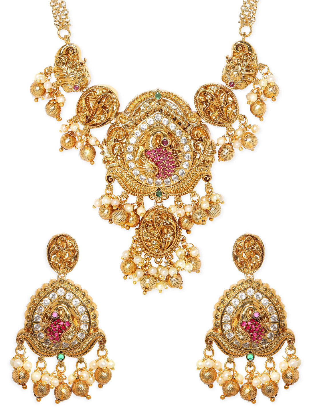 Rubans 22K Gold Plated Kemp & Zirconia Crystal Studded Pearl Beaded Handcrafted Necklace Set Jewellery Sets