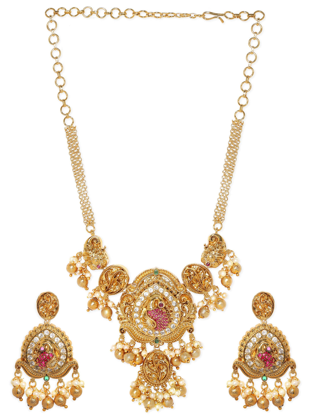 Rubans 22K Gold Plated Kemp & Zirconia Crystal Studded Pearl Beaded Handcrafted Necklace Set Jewellery Sets