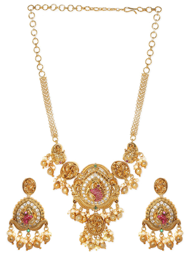 Rubans 22K Gold Plated Kemp & Zirconia Crystal Studded Pearl Beaded Handcrafted Necklace Set Jewellery Sets