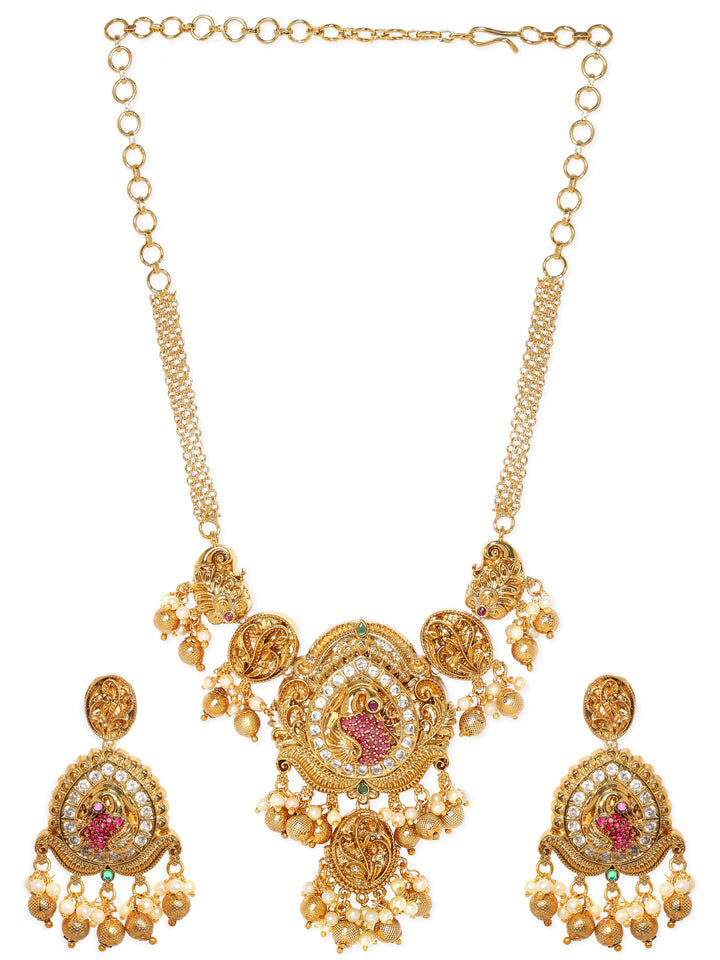 Rubans 22K Gold Plated Kemp & Zirconia Crystal Studded Pearl Beaded Handcrafted Necklace Set Jewellery Sets