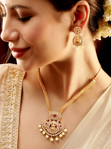 Rubans 22K Gold-Plated Kemp & Zirconia Crystal Studded Pearl Beaded Handcrafted Necklace Set Jewellery Sets