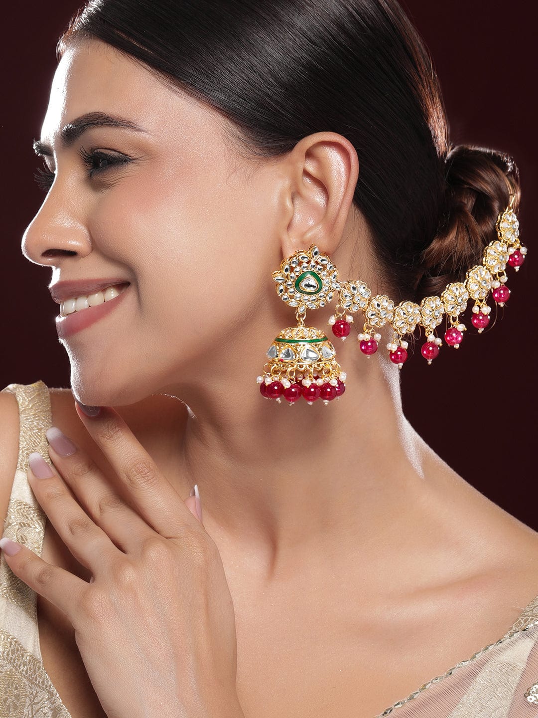 Rubans 22K Gold-Plated Kundan & Beads Jhumkas Earrings Earrings