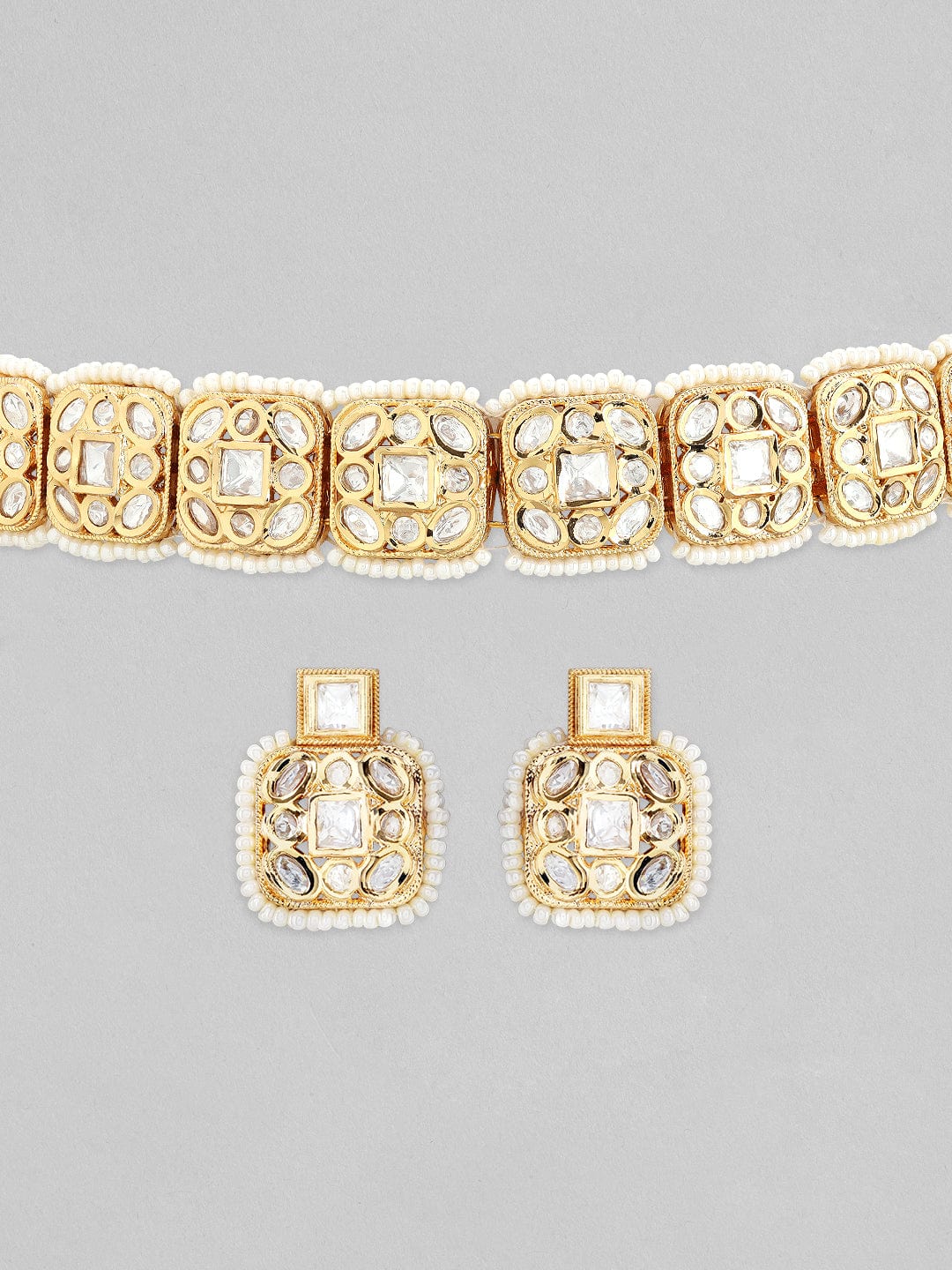 Rubans 22K Gold Plated Kundan Choker Set With White Beads Necklace Set