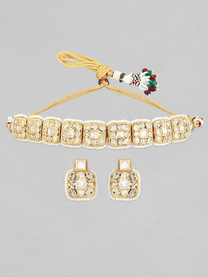 Rubans 22K Gold Plated Kundan Choker Set With White Beads Necklace Set